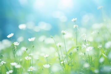 Poster - A field of white flowers with a beautiful blue sky in the background. Perfect for nature and spring-themed designs