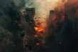 A dynamic and dramatic cityscape with billowing smoke and flames, creating a sense of chaos and danger. Perfect for illustrating urban disasters or depicting a post-apocalyptic setting.