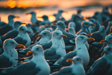 Canvas Print - A flock of seagulls sitting on top of a beach. Ideal for travel and nature-themed designs