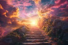 A stairway leading up to a bright sky. Perfect for conveying concepts of hope, progress, and new beginnings. Ideal for use in motivational materials, website banners, or inspirational blog posts