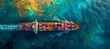Aerial view of a colorful cargo ship in vibrant ocean waters, representing global trade and transportation. AI