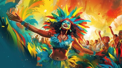 Poster - A vibrant painting depicting a woman wearing a colorful costume. This artwork can add a pop of color and energy to any space