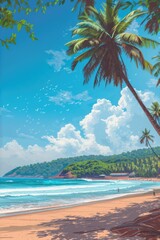  A beautiful painting of a serene beach with palm trees. Perfect for adding a touch of tropical paradise to any space