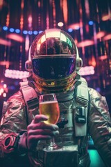 Wall Mural - a man dressed in a space suit holding a glass of beer. perfect for illustrations or designs related 