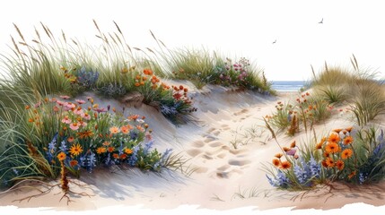 Wall Mural - Sketch of a coastal landscape with native dune plants, highlighting their role in stabilizing the sand and supporting wildlife