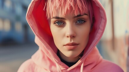 Poster - A woman with vibrant pink hair wearing a matching pink hoodie. This image can be used to depict individuality, fashion, and self-expression