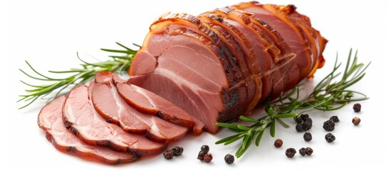 Wall Mural - Savory Pork and Succulent Ham on a Crisp White Background - A Tempting Delight of Pork, Ham, and White Background