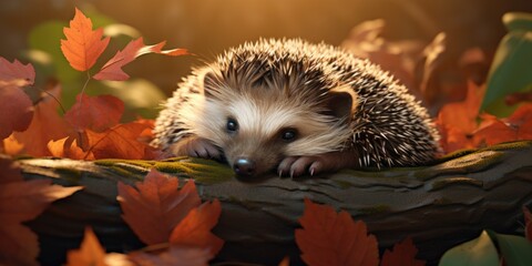 Sticker - A hedge laying on top of a log, with a surrounding of colorful leaves. This image can be used to depict nature, autumn, or outdoor activities