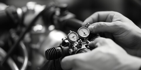 Wall Mural - A close-up shot of a person holding a gauge. This image can be used to depict measurements, precision, or engineering concepts. Suitable for websites, blogs, or educational materials.