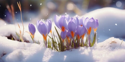 Poster - Purple crocus flowers emerging from the snow, a symbol of resilience and the arrival of spring. Perfect for nature-themed designs and seasonal projects