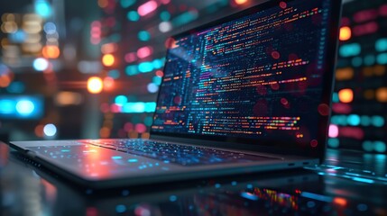 Wall Mural - side view of a modern laptop on a desk with a colorful display of programming code, reflecting the v