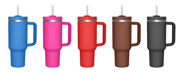 Thermo cup with handle and straw. 3d mockup of a travel thermos. Set of blue, pink, red, brown and black mugs. Tumbler template