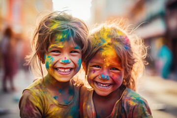 Wall Mural - Happy children with colorful face enjoy at holi color festival