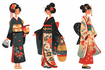 Wall Mural - Illustration of female portrait Japanese Geisha with kimono, japan woman in traditional ornament art set collection