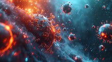 Digital Rendering Of Microscopic Pathogens With A Focus On A Highly Detailed Virus Particle Amidst A Dynamic, Infectious Environment.