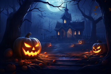 Wall Mural - Halloween background with hounted house and pumpkins
