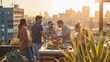 A group of friends enjoying a rooftop barbecue in an urban setting, city skyline in the background, casual and fun atmosphere. Resplendent.