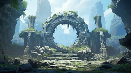 landscape lost portal in the jungle, cartoon art