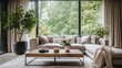 Nowoczesny przytulny salon z kanapą sofą zasłonami i domowymi roślinami