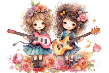 Canvas Print - watercolor painting style illustration of cute happy artist girl playing guitar, isolated on white background, collection set, generative Ai