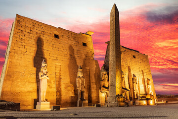 Wall Mural - Luxor Temple entrance, first pylon with obelisk, sunset, Egypt