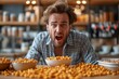 A screaming Emotional man and a pile of cornflakes in front of him