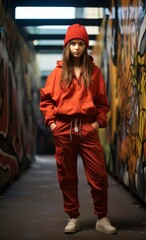 Wall Mural - a girl in  red hoodie