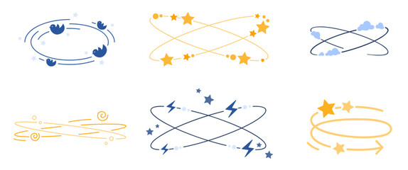 dizzy line icons set. vertigo and dizziness symbols collection with spinning stars and clouds motion