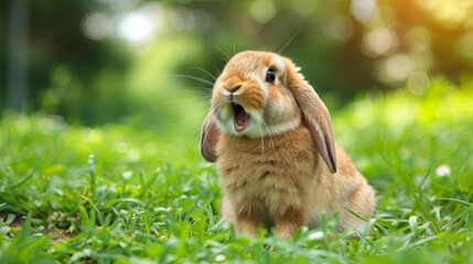Wall Mural - banner of rabbit with open mouth on the green grass background, easter spring time 