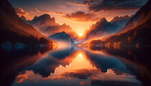 Serene lake sunset with mountain reflections, embodying romanticism in natural light and soft shadows. A tranquil and inviting scene. Generative AI.