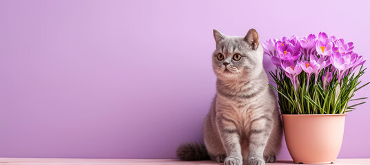 Wall Mural - banner of cute beautiful cat with crocuses in the pot on the purple background, spring card