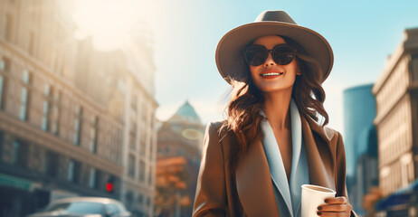 Wall Mural - A stylish woman, wearing a chic hat, coat and sunglasses, holds a cup of coffee amid the architectural beauty of a cityscape bathed in golden sunlight. Generated AI