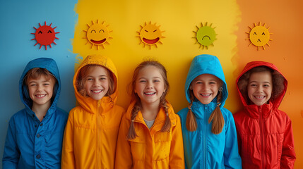 Children in fun outerwear smiling in front of yellow smiley face wall