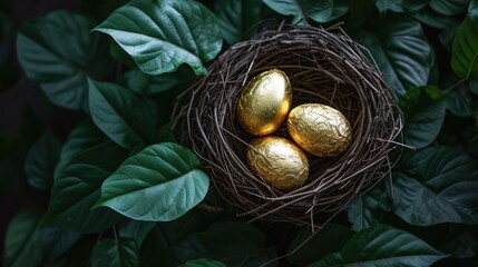 Poster -  three gold eggs in a bird's nest on top of a green leafy branch, with leaves surrounding it, on a dark background of greenery leaves.