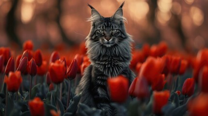 Poster -  a cat sitting in the middle of a field of red tulips, with a blurry background of trees and a forest of red tulips in the foreground.