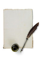 Wall Mural - Quill pen with a glass bottle of ink on vintage paper sheet. Feather, ink bottle, parchment isolated on a white background