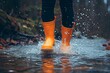 A fashion-forward individual braves the elements, striding confidently through a puddle in their bright orange boots, the splash of water adding an extra pop of color to their stylish outdoor attire