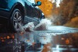 A sleek car glides through the rain, its wheels creating a mesmerizing splash as it conquers the wet road ahead