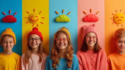 Happy children smiling against orange wall in a fun community art event