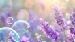  a bunch of soap bubbles sitting on top of a purple flower covered in a lot of purple flowers and a bunch of lavenders with bubbles in the foreground.
