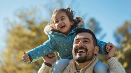 Canvas Print - A joyful father is carrying his little son on his shoulders, both smiling and enjoying a beautiful sunny day outdoors.