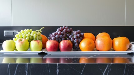 Poster -  a close up of a plate of fruit on a counter with grapes, apples, oranges, pears, and pears on the side of the plate.