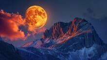  A Full Moon Rising Over A Mountain Range With A Red Cloud In The Sky And A Full Moon Rising Over The Mountain Range With A Red Cloud In The Sky.