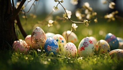 Gold Easter eggs with spring pattern theme on Beautiful Spring Foliage and Green Grass background