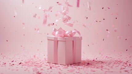 Poster -  a pink gift box with a pink bow and streamers of pink confetti on a pink background with confetti on the floor and confetti.