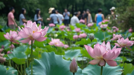 Sticker -  a group of people standing in the middle of a field of water lilies with pink flowers in the foreground and green leaves on the other side of the field.