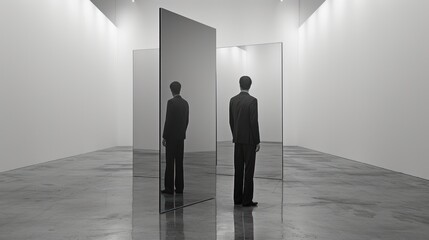 Poster -  a black and white photo of a man in a suit looking at himself in a mirror in the middle of a room with no one person standing in front of the mirror.