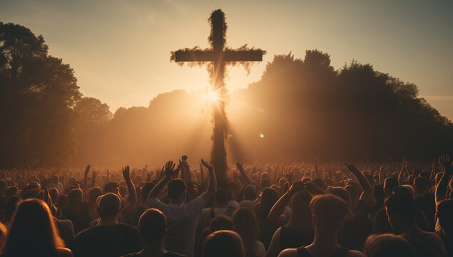 Crucifixion of Jesus. Jesus on cross surrounded by crow. religion Christianity concept.