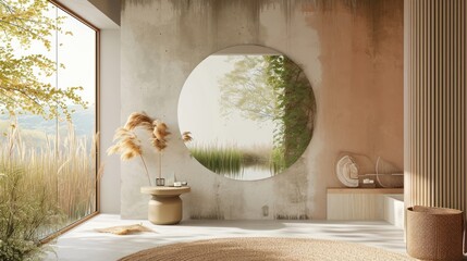 Poster -  a bathroom with a round mirror on the wall and a potted plant in the corner of the room with a round mirror on the wall and a round mirror on the wall.