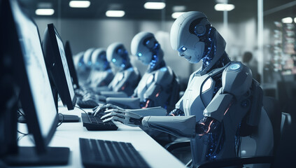 Group of robots working on computer. artificial intelligence concept.